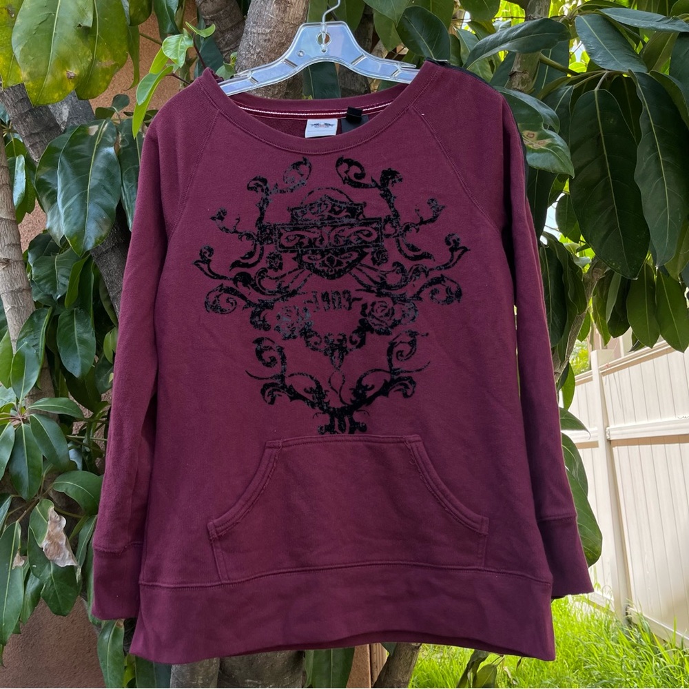 Harley Davidson Sweatshirt Maroon Black Sweater Leather Accent Zipped Shoulders.